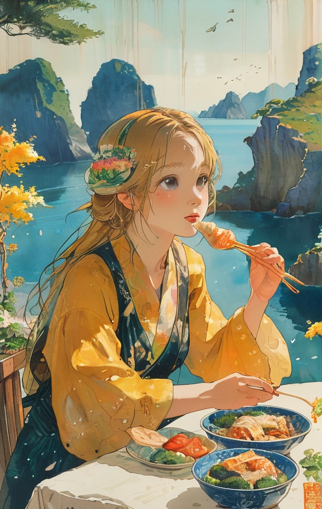 A young woman with golden hair and yellow eyes sits at the table, eating delicious food by the seaside in an anime style. The background features rocky cliffs overlooking the sea, boats floating on it, green plants, and sunlight shining through them onto her face. She is dressed in white and has a relaxed expression. On one side of her lies various dishes such as rice, vegetables, fish and meat, creating a warm atmosphere.