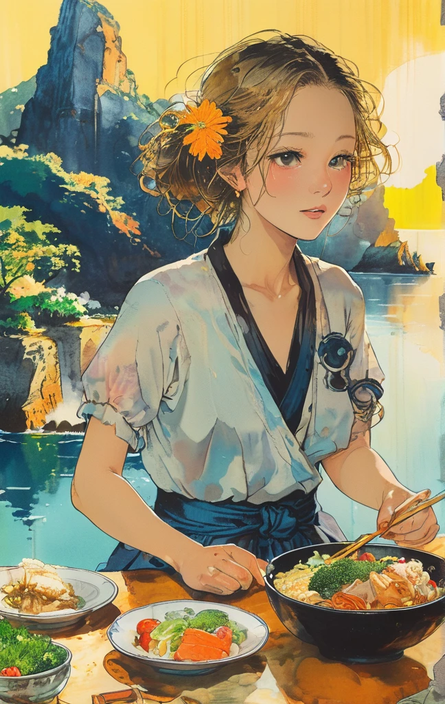A young woman with golden hair and yellow eyes sits at the table, eating delicious food by the seaside in an anime style. The background features rocky cliffs overlooking the sea, boats floating on it, green plants, and sunlight shining through them onto her face. She is dressed in white and has a relaxed expression. On one side of her lies various dishes such as rice, vegetables, fish and meat, creating a warm atmosphere.