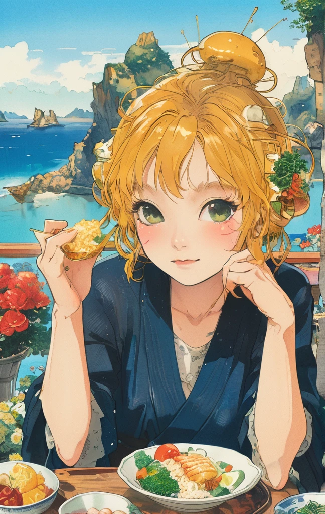 A young woman with golden hair and yellow eyes sits at the table, eating delicious food by the seaside in an anime style. The background features rocky cliffs overlooking the sea, boats floating on it, green plants, and sunlight shining through them onto her face. She is dressed in white and has a relaxed expression. On one side of her lies various dishes such as rice, vegetables, fish and meat, creating a warm atmosphere.