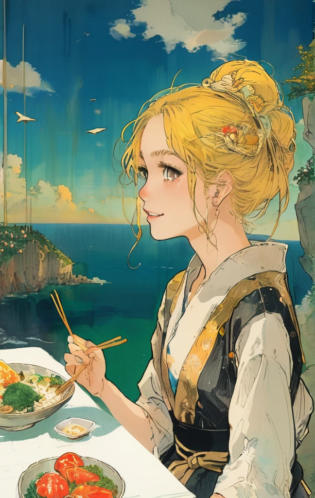 A young woman with golden hair and yellow eyes sits at the table, eating delicious food by the seaside in an anime style. The background features rocky cliffs overlooking the sea, boats floating on it, green plants, and sunlight shining through them onto her face. She is dressed in white and has a relaxed expression. On one side of her lies various dishes such as rice, vegetables, fish and meat, creating a warm atmosphere.