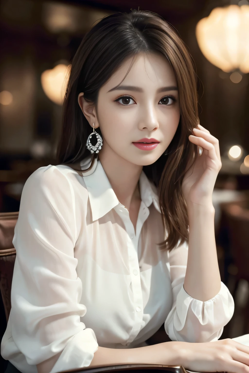 masterpiece, Highest quality, Realistic, Very detailed, Finer details, High resolution, 8k wallpaper, One beautiful woman, Wear an elegant white see-through blouse, In a great restaurant, At night, Light brown messy hair, Perfect dynamic composition, Beautiful and beautiful eyes、Big earrings、Sit on a chair、