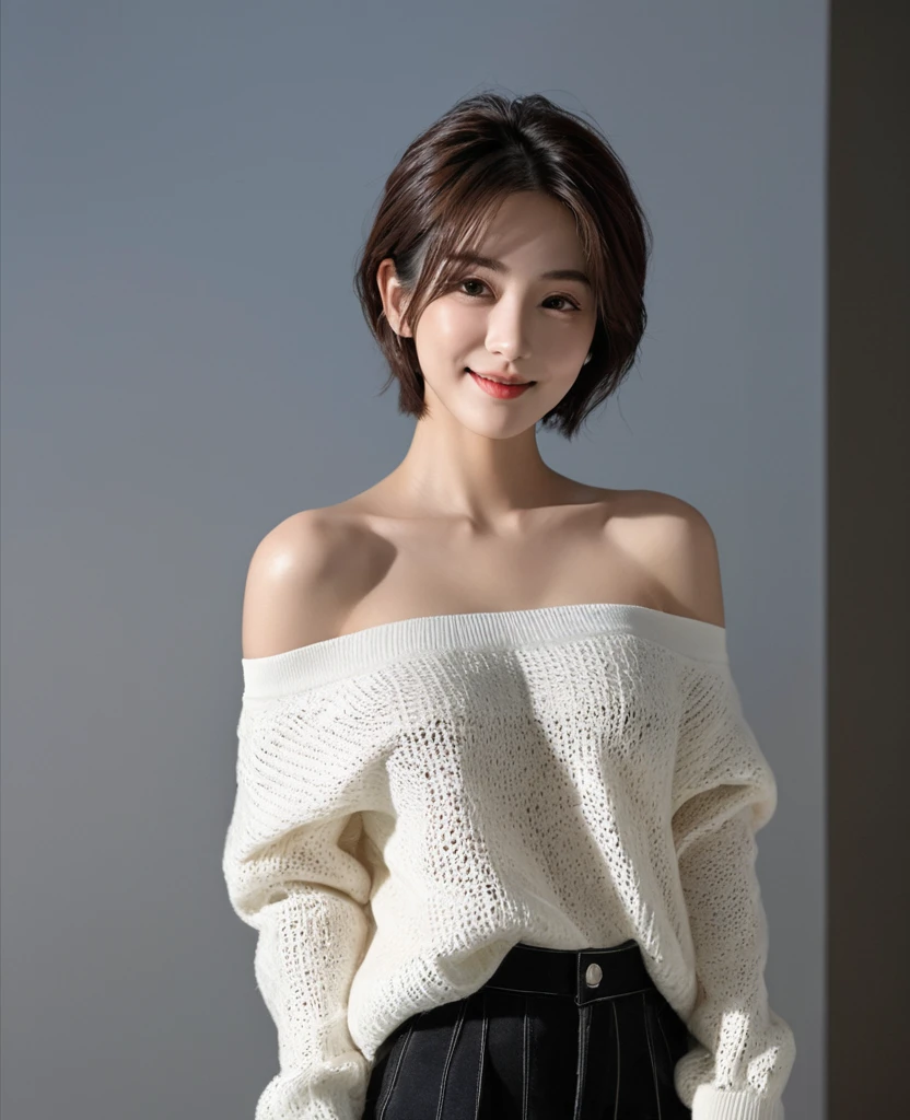 Best quality,masterpiece,Ultra-high resolution,(Realism:1.5),原始photo,1 Girl,Off-shoulder tops,Chest to shoulders,Big breasts in the dark,Deep Shadows,Low profile,Openwork sweater,Cold Light,Attractive appearance,short hair,photo,Smile