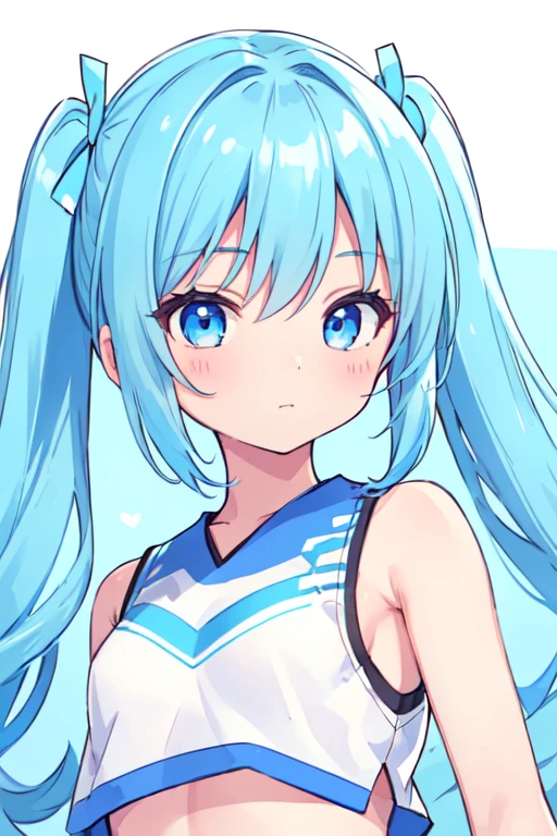 (best quality, masterpiece:1.2), ultra detailed, extremely detailed eyes and face, natural skin texture, detailed skin, natural lighting,
chibi, 1 girl, 14-years-old, (cute),
twin tails, light blue hair, shiny hair,
blue eyes,
(small breasts),
BREAK cheerleader, white and blue crop top, white and blue sleeveless shirt,
upper body,