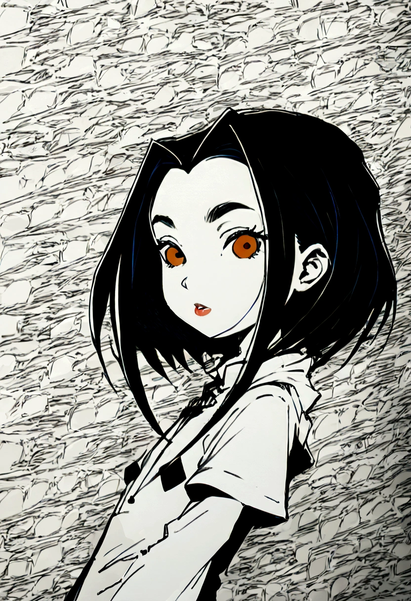 waist-up victorian-style Portrait of an Jadechan wearing an ornated nipple-pasties, short black hair, orange-brown eyes, mostly-naked, defined black lines, 1girl, solo, simple style, perfect coloration, mostly flat colors, 2D fully-colored professional drawiing, finished lineart, ((Amazing sketch)),((high quality, masterpiece:1.4)), 1girl, ((upper body)), portrait sketch, messy drawing, messy charcoal spots, unfinished sketch, sketchbook charcoal style drawing of a woman, sketchbook drawing, sketchbook, beautiful face, symmetrical face, symmetrical eyes, ((paper material background)), realistic charcoal lines, imperfect drawing, charcoal crumbs, charcoal lines, imperfection, fading sketch, sQueratogray Sketch (eddiemauro-mix), JadeJca's Hair, relaxed pupils, serene eyes, eyes of beauty,