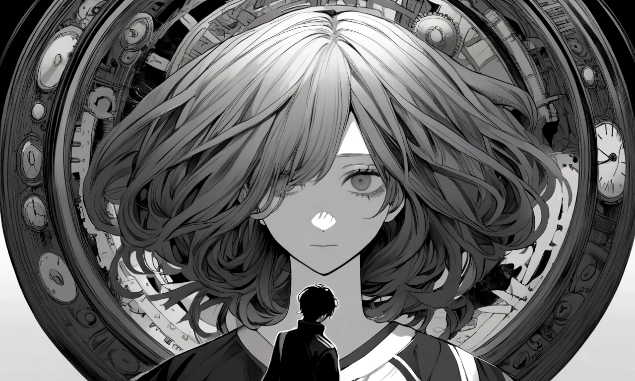 black and white drawing, Clockwork background that looks like a giant woman, A giant clockwork collapsing., 26 year old male 1, black neat hair, a lonely face, wearing gray tracksuit, the machine falls apart.