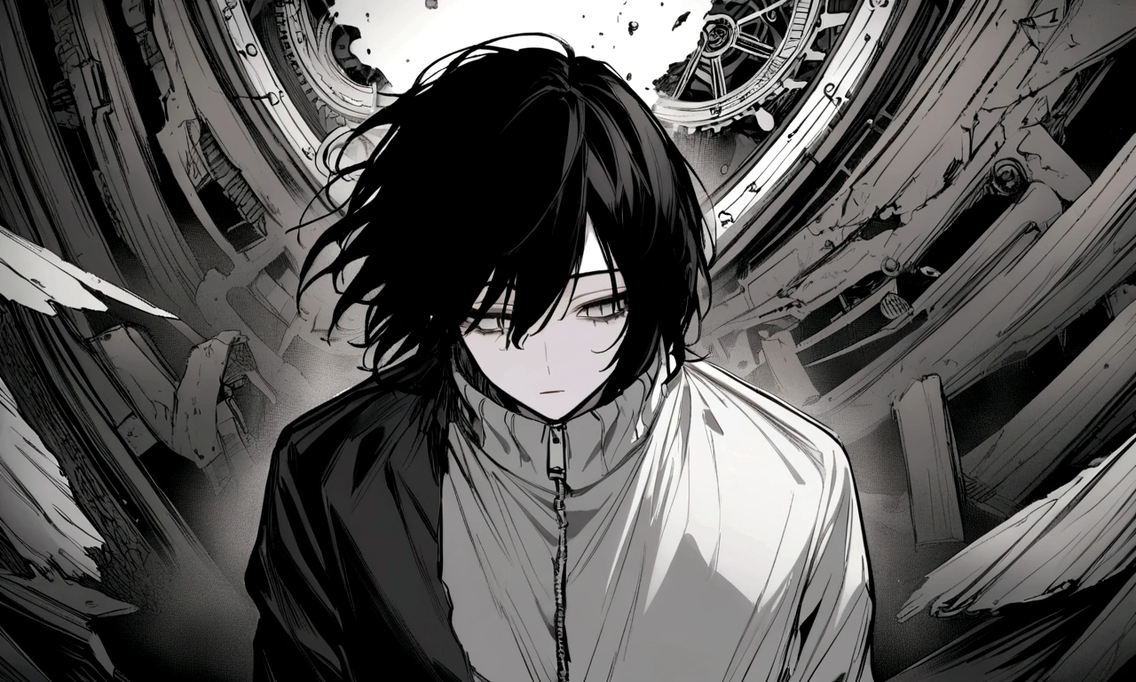 black and white drawing, Clockwork background that looks like a giant woman, A giant clockwork collapsing., 26 year old male 1, black neat hair, a lonely face, wearing gray tracksuit, the machine falls apart.
