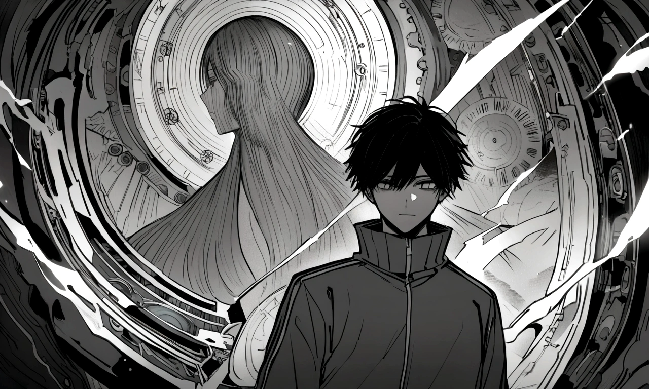 black and white drawing, Clockwork background that looks like a giant woman, A giant clockwork collapsing., 26 year old male 1, black neat hair, a lonely face, wearing gray tracksuit, the machine falls apart.