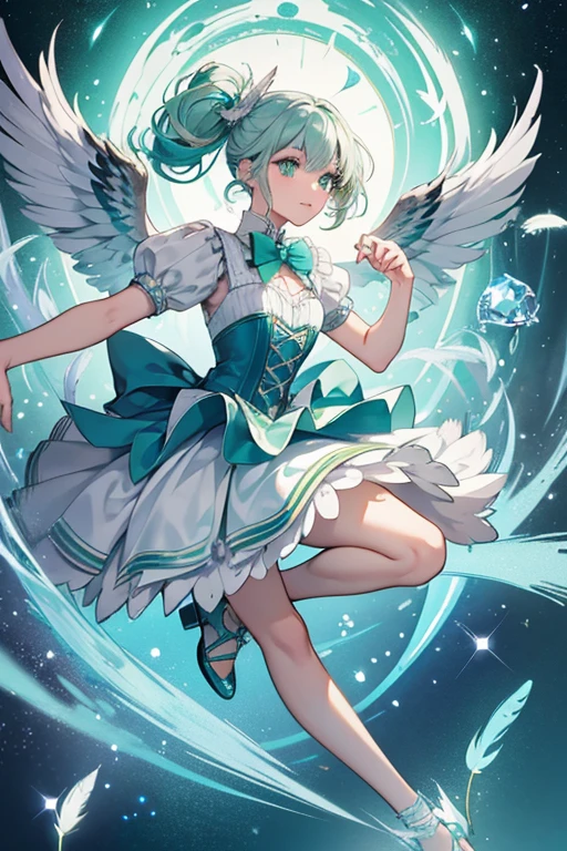 Wizard of Owl has white feathers and shiny silver and blue-green hair in two twisted knots. There is gray eyeshadow around her blue-green eyes. Her beak and feet are orange. Her wings are silver. She wears a white collar with a blu-green bowtie and two silver shoes. SPARKLE; GLITTER