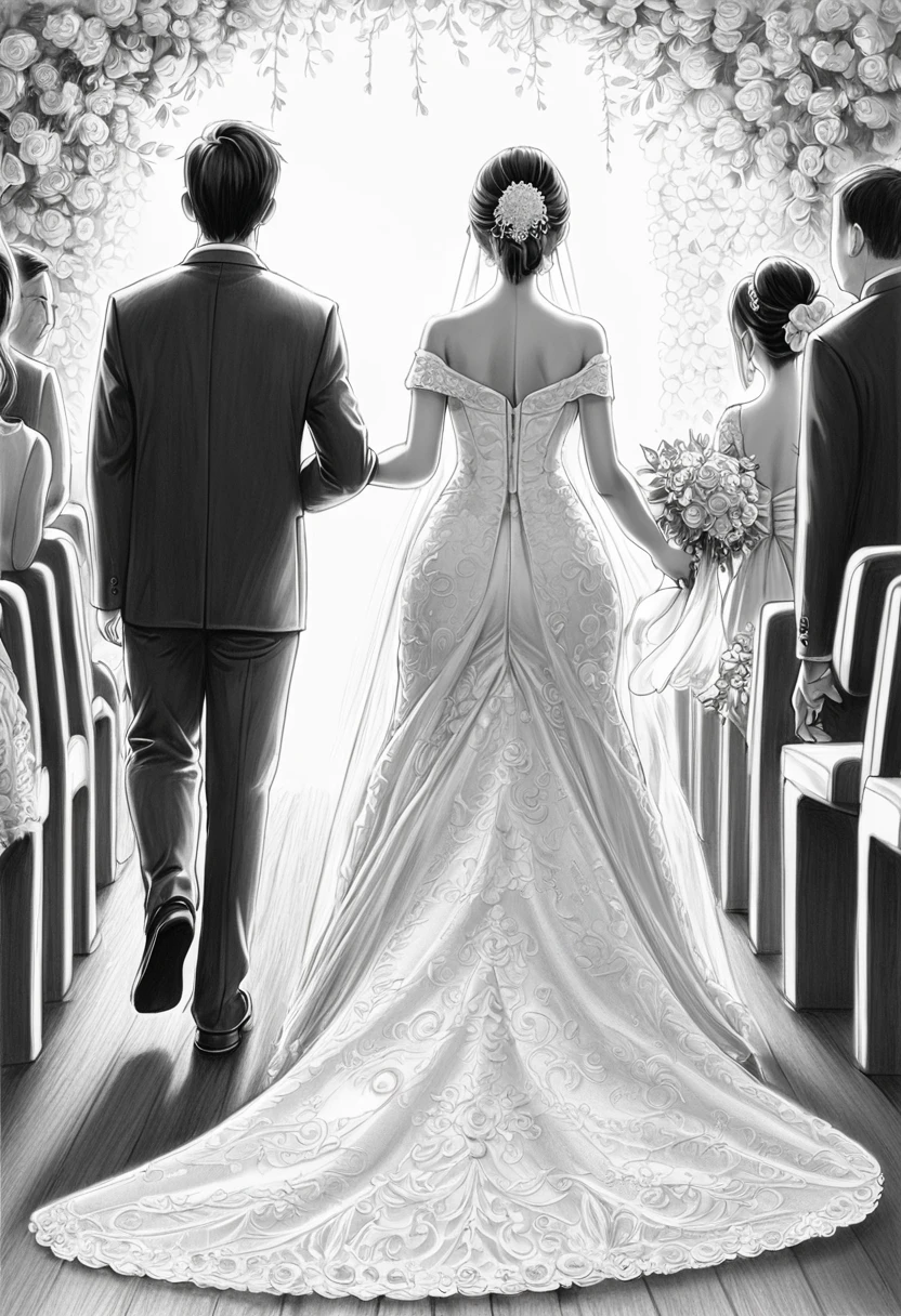 BREAK Perfect Anatomy、(High resolution:1.2)、Incredible illustrations、(Cute illustrations:1.2)、(beautiful ass)(Beautiful background)Bride walking down the aisle (pencil drawing:2.0)
