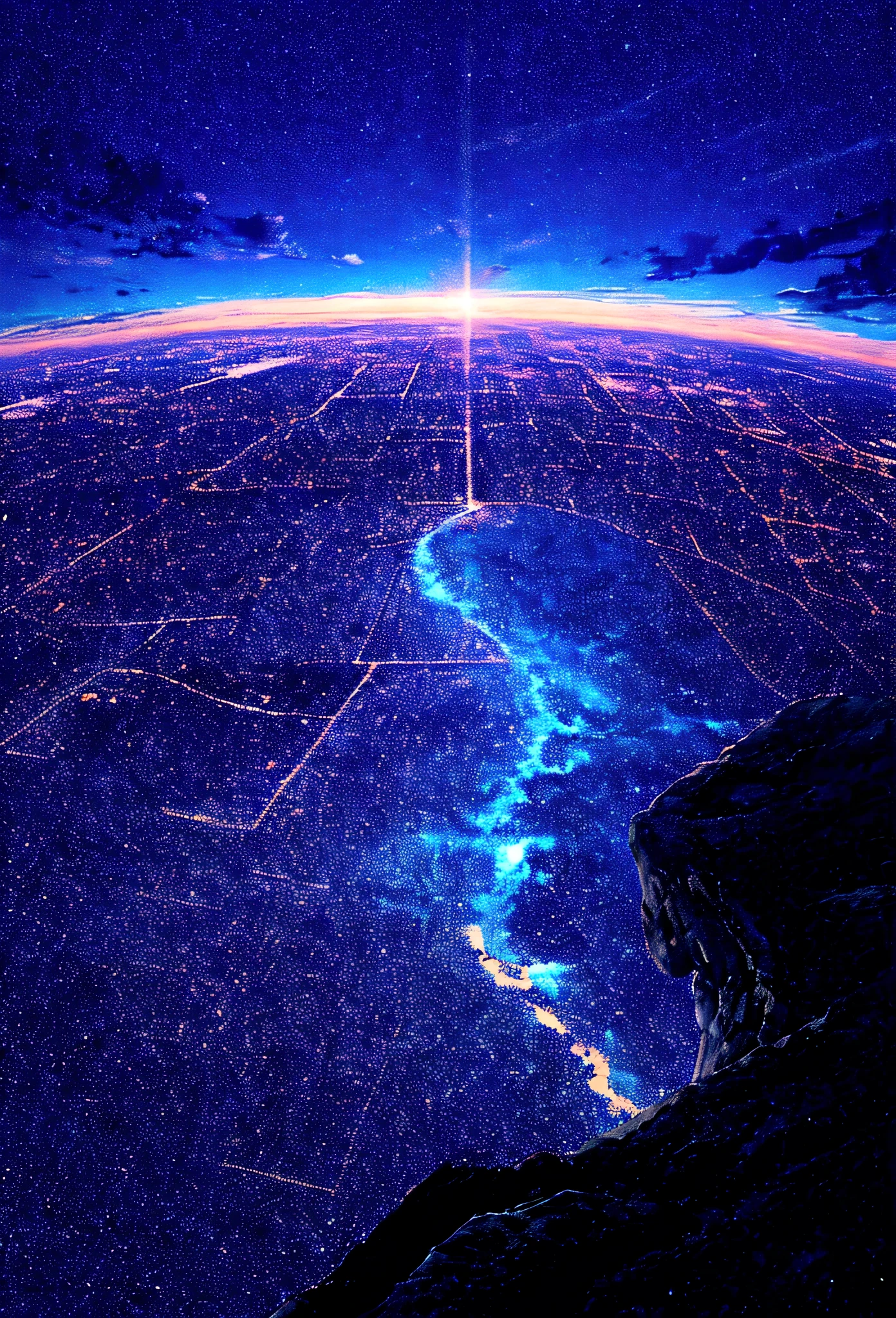 blue sky、shine、cloud、Looking down on the city from the top of the mountain、8k、