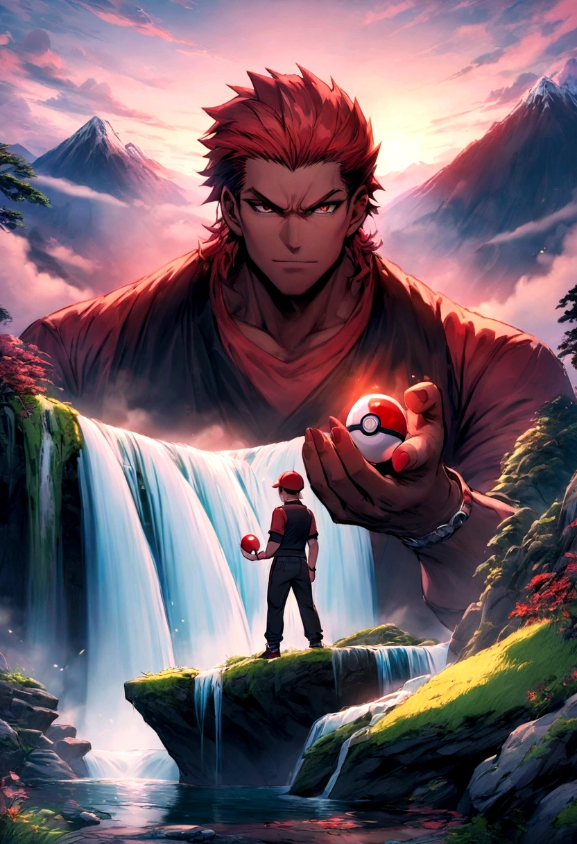 pokemon trainer audio , Masterpiece , perfect hands,pokeball in hand , Red hair,  challenging look , wide , top of a mountain with a waterfall in the background , intimidating aura