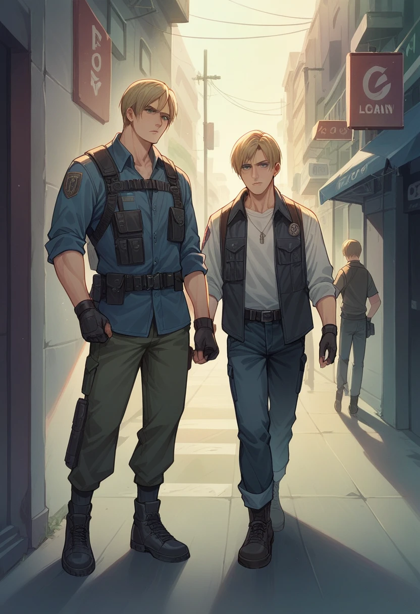 leon kennedy en raccon city, apocalipsis zombie, survivor, night atmosphere, walks armed through the streets.