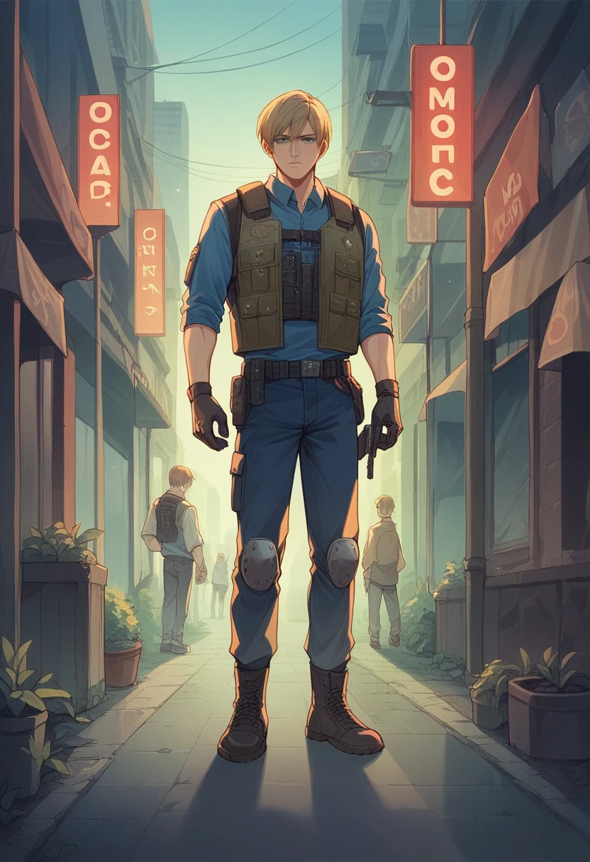 leon kennedy en raccon city, apocalipsis zombie, survivor, night atmosphere, walks armed through the streets.