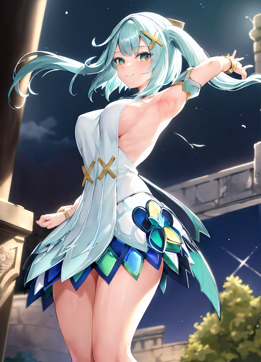 faruzandef, full body, high detailed face, high detailed dress, smile, looking at viewer, armpits, arms up, standing up, dynamic pose, medium breasts, side breasts, perfect round ass, sunny ancient ruins.