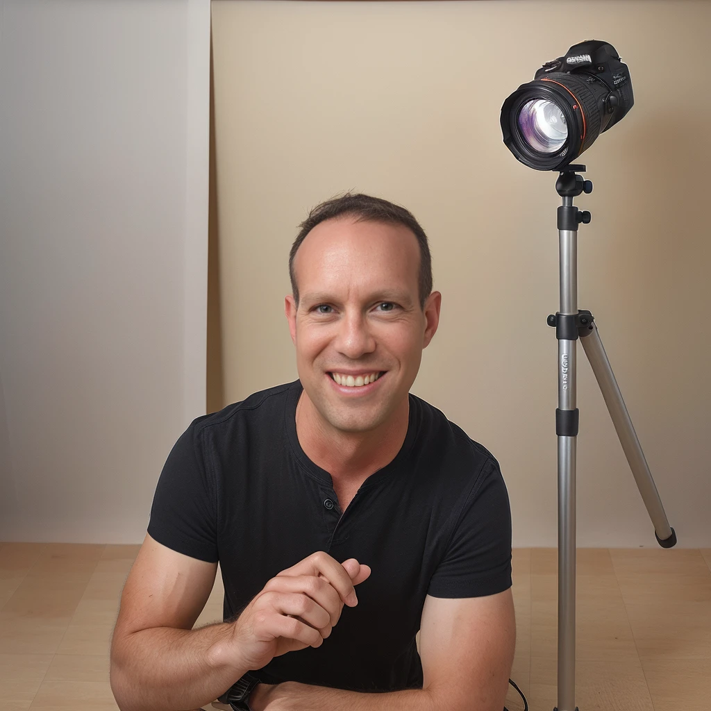 a man (Todder) holding a complicated futuristic multiple lens crystal transductor DSLR camera on tripod. photography studio background with lights and softboxes and infinity wall. wearing black shirt. photo quality portrait. Smiling. Ultra sharp 8k soft lighting studio lights (Todder9) 