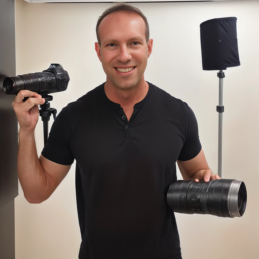 a man (Todder) holding a complicated futuristic multiple lens crystal transductor DSLR camera on tripod. photography studio background with lights and softboxes and infinity wall. wearing black shirt. photo quality portrait. Smiling. Ultra sharp 8k soft lighting studio lights (Todder9) 