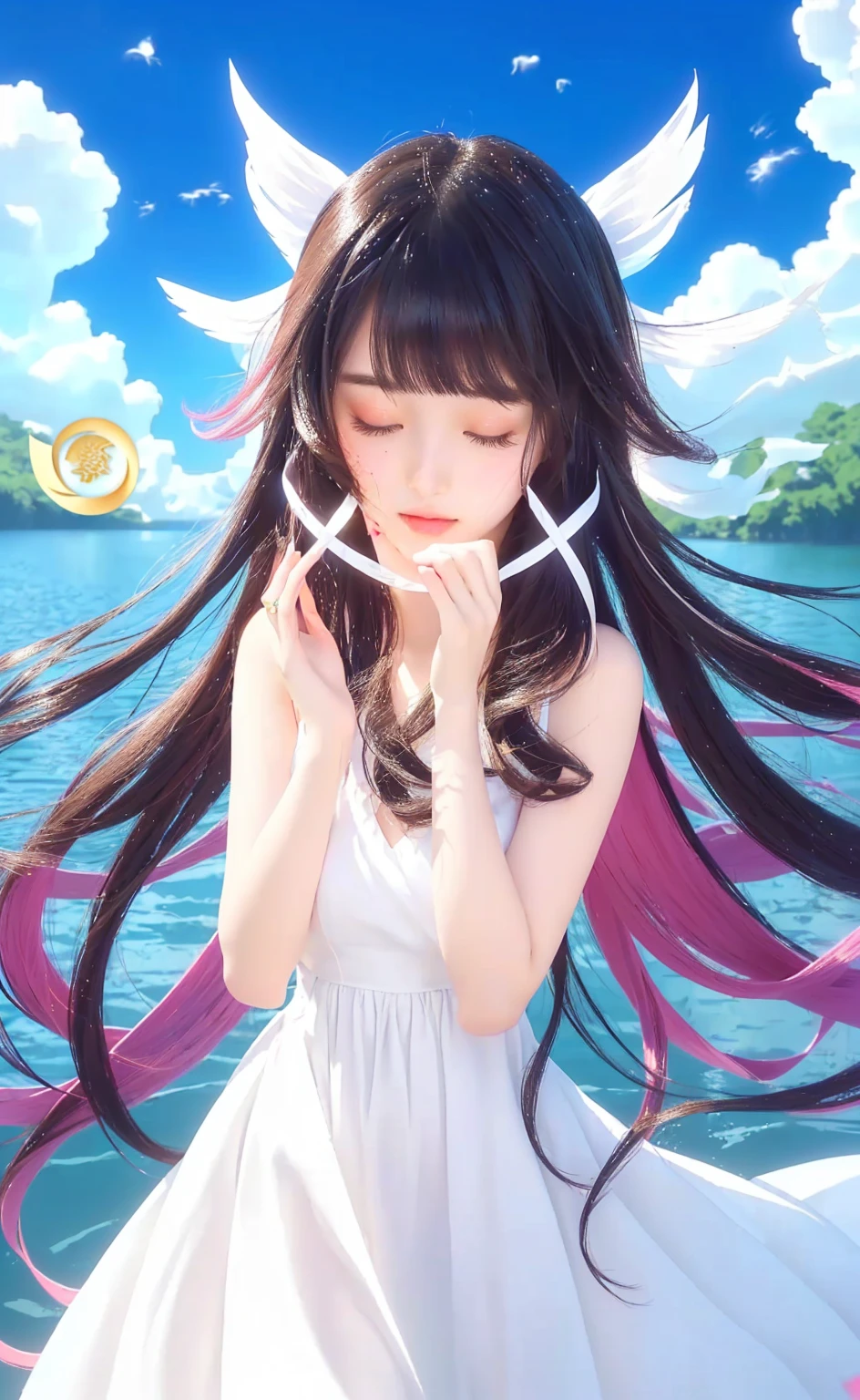Beautiful girl with long hair and white dress standing in water, visual of a cute girl, moe artstyle, splash art , cute waifu in a nice dress, goddess, beautiful girl, waifu, ayaka genshin impact, girl with long hair, (girl), pretty girl, high quality artstyle