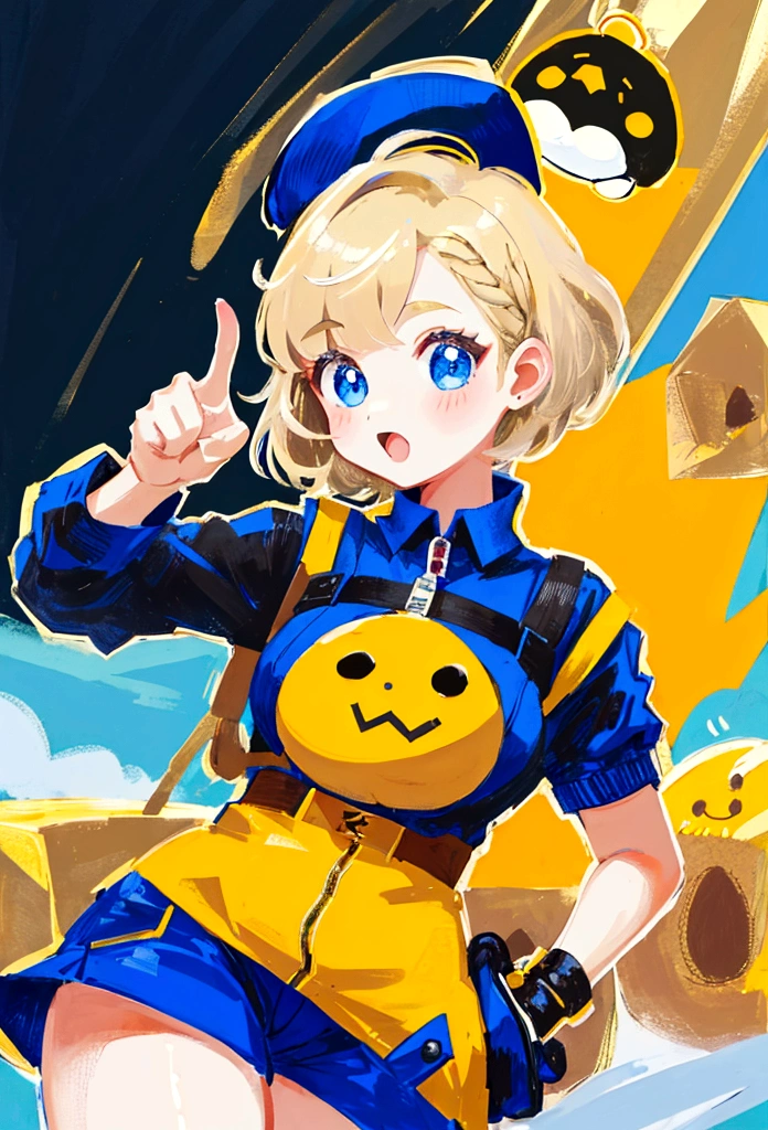 Short-haired girl holding a pou while pointing at it with her other hand and showing it in front