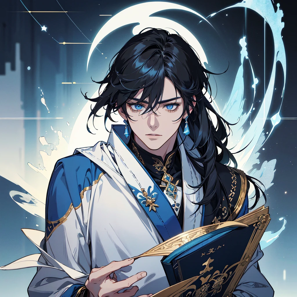 ((Genshin impact style)) ((face portrait))(masterpiece), (high quality), (pretty boy face), 1 boy, 16 years, masculine and tall body, white skin, ((long black hair)), ((light blue and cold eyes)), ((calm and paeceful expression)), designs from East Asian, Game character costume design, Japanese clothing style with a dark blue, white and black color palette, his is holding a book ((White background, mathematical, astronomical and blue details)), ((portrait panting)) intricate details, ultra high resolutio, HD,8k,clear facial features,clear details,beautiful eyes,beautiful face