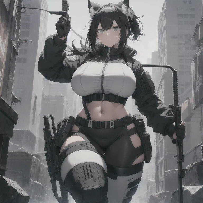 Absurd resolution, high resolution, (masterpiece: 1.4), hyper-detail, full body shot, solo, 1 kemono feline cat woman, humanoid, no skin other than neck and head shown, black hair, messy ponytail, cute face, detailed soft grey eyes, huge massive hyper super swollen heavy breasts, breasts so big that cover her whole torso and are bigger than her head while being so big they reach her belly button, extremely super large swollen perky heavy bust, super huge enormously gigantic tits, gigantic bursting out of her top, inflated breasts, breasts_expansion, super gigantic swollen heavy tits, wide full hips, narrower torso and shoulders, smaller torso, full thicc big soft thighs, thicc thighs, big rounded full soft butt, thicc butt, ruggedized utility styled outfit, fully insulated suit, full body outfit coverage with no skin showing or revealed, scifi monochrome black and grey fullbody covering protective padding rugged loose-fitted pilot utility suit, white zipped utility cropped top for breasts support with a black strap horizontal across cleavage worn on top of suit, tactical strategic angular-patterned protective padding on hips and thighs and abdomen, practical/functional clothing, weather-proof durable clothing material, nylon clothing material, custom made clothing to fit and support large breasts, scifi padded rugged rigid high collar techwear jacket, armored high collar, white and black triangular decals and techwear iconography on apparel and clothing, techwear gloves, arm mounted strapped display scifi tablet/communication device/computer, ruggedized tech, ruggedized tech aesthetic, fitted utility pants, utility chaps, near future scifi, cyberpunk aesthetic, anime aesthetic