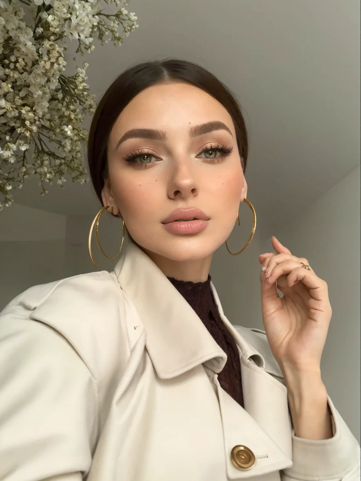There is a woman with big earrings and a trench coat, Anastasia Ovchinnikova, Anna Nikonova aka Newmilky, Dasha Taran, Angelina Stroganova, Alina Ivánchenko, Victoria Gavrilenko, Yelena Belova, Portrait Sophie Mudd, ekaterina, Julia Gorokhova, julia sardinia