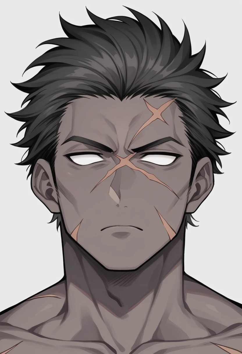 肌肉男, thick-skinned, dark gray skin color, dark black skin, shorth hair, perfil, sores and scars, look with empty eyes, cloused mouth, gray lips, Handsome, definitive man chin. bonitas, Handsome, sensuous, gostoso