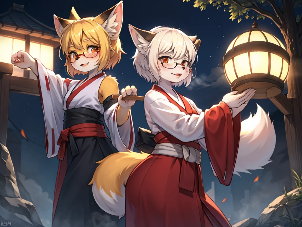 horror movie style , Japanese shrine maiden outfit fox , short blonde hair, freckles, (thick lips), plump, glasses , Suspicion eyes , gohei , Japanese monster fight scene