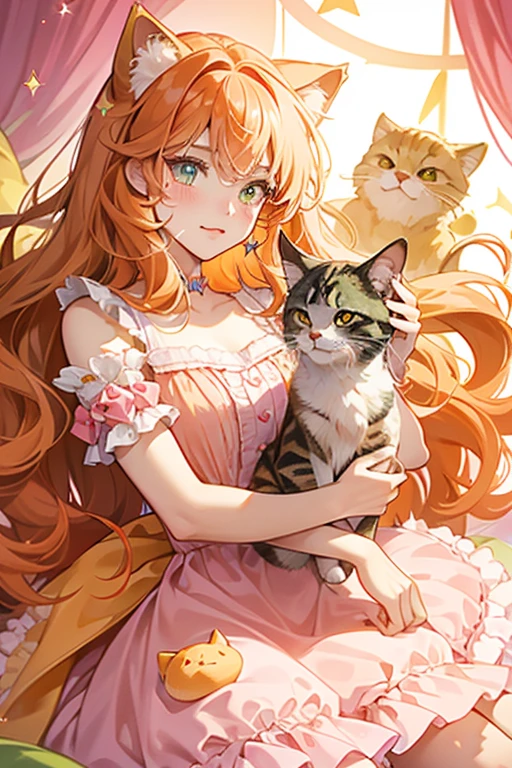 Cowardly Kitty is a peach-colored girl cat (resembles a Siberian cat) with small orange spots on her legs. She has orange curly hair, she has teal eyes, she is wearing a pink frilly dress, and she has a small pink star on her right cheek. SPARKLE; GLITTER