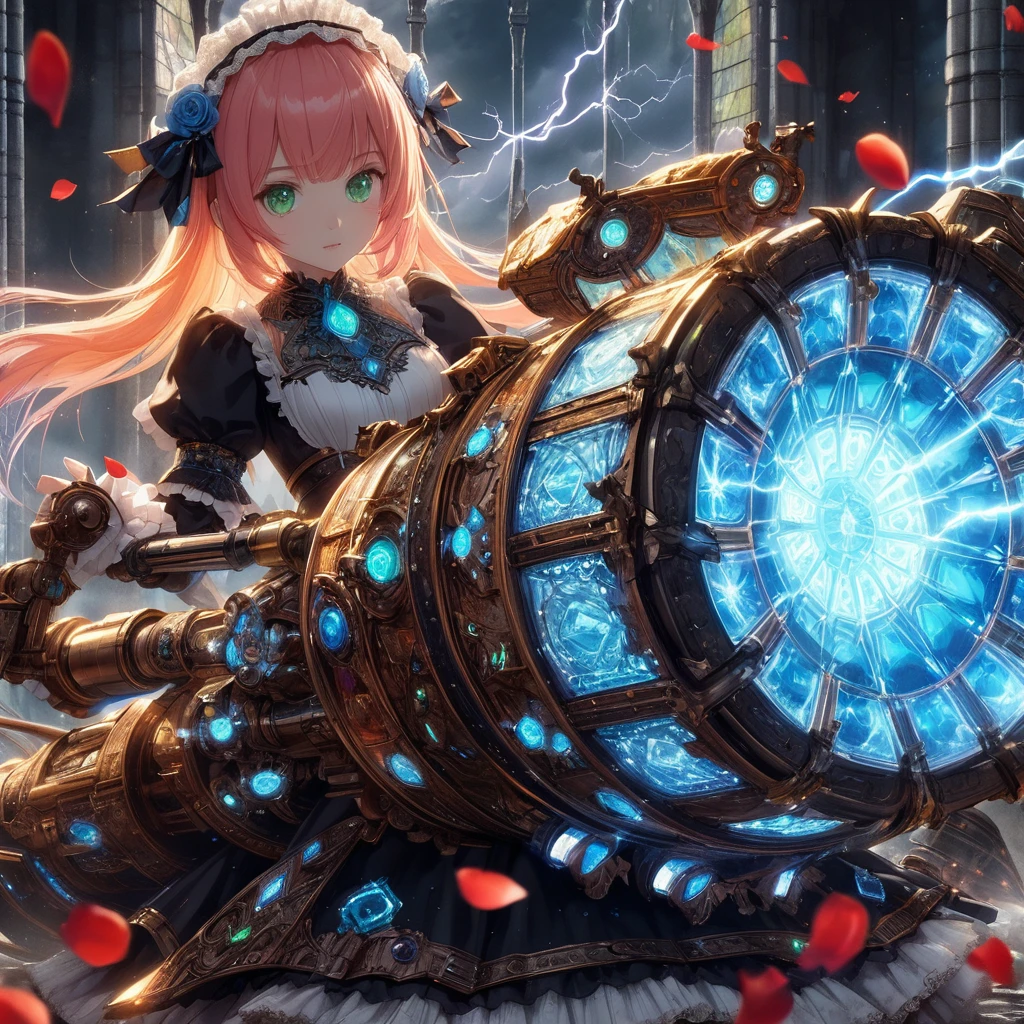High-resolution rendering、Pink-haired, green-eyed black maid with a giant volt cannon、A gigantic Volt Cannon that is significantly larger than her head.、Detailed Vault Cannon、Blue and orange volt cannon。The Vault Cannon is engraved with intricate geometric stained glass patterns.、Shooting lightning。She points the Volt Cannon at the viewer.。Full Body Shot。In the background, it is pitch black with ruins.、The falling rose petals create a fantastic atmosphere.。An anime with delicate lines drawn using soft brushstrokes like watercolorultiple cels are layered to create the texture of ink.。Quality depicted through pinpoint detail。Full Body Shot