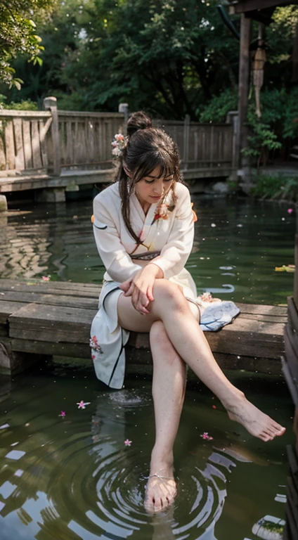 Hanfu, 1fille, seins moyens, clivage, montagne, soaking pieds, séance, Fond de parc hispanic ,cuissardes blanches,Eau claire,(pieds:1.3), trop de fleurs,