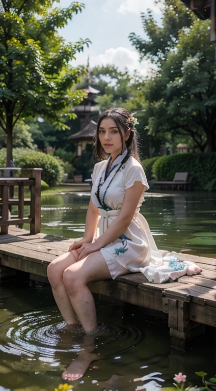 Hanfu, 1fille, seins moyens, clivage, montagne, soaking pieds, séance, Fond de parc hispanic ,cuissardes blanches,Eau claire,(pieds:1.3), trop de fleurs,  