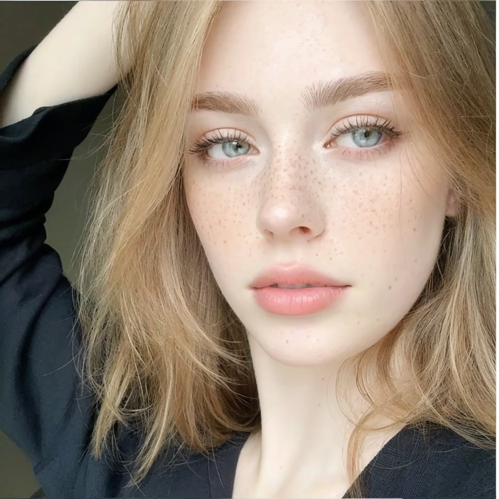 there is a woman with freckles and a black shirt, Perfect face ), pale skin suave natural, pale skin, smooth and impeccable, beautiful fine facial features, nice and light freckles, very light freckles, light freckles, pale skin marfil, beautiful delicate face, pale skin y pecosa, pale skin y brillante, pale skin y clara!!, soft freckles, 🤤 girl portrait, extremely beautiful face