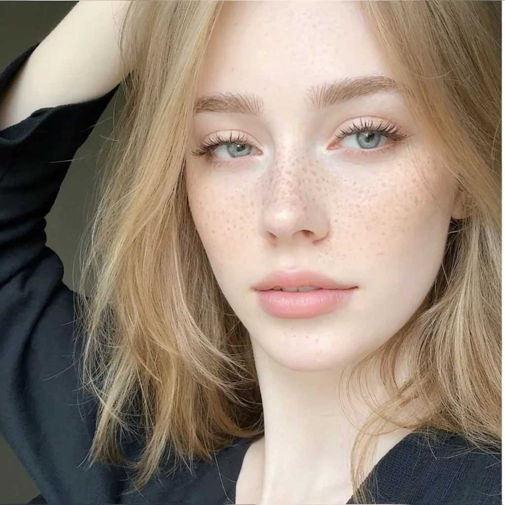 there is a woman with freckles and a black shirt, Perfect face ), pale skin suave natural, pale skin, smooth and impeccable, beautiful fine facial features, nice and light freckles, very light freckles, light freckles, pale skin marfil, beautiful delicate face, pale skin y pecosa, pale skin y brillante, pale skin y clara!!, soft freckles, 🤤 girl portrait, extremely beautiful face