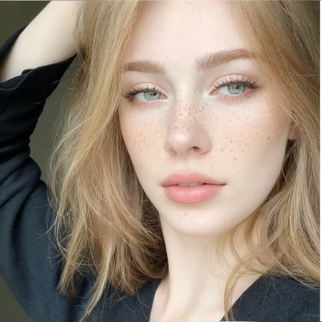 there is a woman with freckles and a black shirt, Perfect face ), pale skin suave natural, pale skin, smooth and impeccable, beautiful fine facial features, nice and light freckles, very light freckles, light freckles, pale skin marfil, beautiful delicate face, pale skin y pecosa, pale skin y brillante, pale skin y clara!!, soft freckles, 🤤 girl portrait, extremely beautiful face