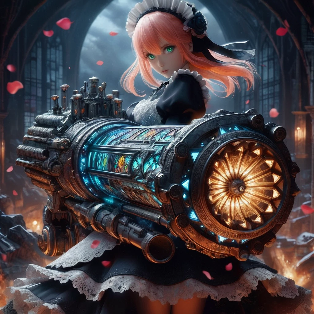High-resolution rendering、Pink-haired, green-eyed black maid with a giant volt cannon、A gigantic Volt Cannon that is significantly larger than her head.、Detailed Vault Cannon、Blue and orange volt cannon。The Vault Cannon is engraved with intricate geometric stained glass patterns.、Shooting lightning。She points the Volt Cannon at the viewer.。Full Body Shot。In the background, it is pitch black with ruins.、The falling rose petals create a fantastic atmosphere.。An anime with delicate lines drawn using soft brushstrokes like watercolorultiple cels are layered to create the texture of ink.。Quality depicted through pinpoint detail。Full Body Shot