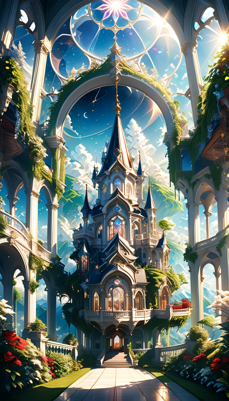 a magnificent floating royal castle in the sky, It is made of a material that resembles a mixture of pure white marble and transparent crystal, (a huge astronomical telescope on the balcony:1.2), ornate architecture, highly detailed, intricate carvings and decorations, glowing crystals, sunlight streaming through stained glass windows, overflowing gardens, lush greenery, (best quality,4k,8k,highres,masterpiece:1.2),ultra-detailed,(realistic,photorealistic,photo-realistic:1.37),detailed lighting, dramatic shadows, vibrant colors, fantasy, digital art, concept art