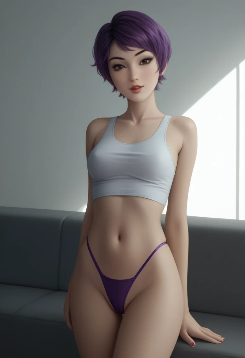score_9_up, score_8_up, score_7_up, 1girl, solo, mature female, ((Sabin Wren)), purple short hair, pixie haircut, brown eyes, pink lips, parted lips, fit slim body, ((( deep neck white tank, purple tight thong))), (((dark grey Starship room, space in the porthole, detailed furniture, highly detailed interior, blue led backlight))), perfect model body, on the sofa, seductive pose, showing her pussy, lewd look