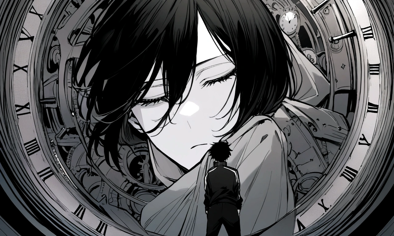 black and white drawing, Clockwork background that looks like a giant woman, Background of a huge clockwork collapsing, The clockwork is collapsing., 26 year old male 1, black neat hair, wearing gray tracksuit, Slump