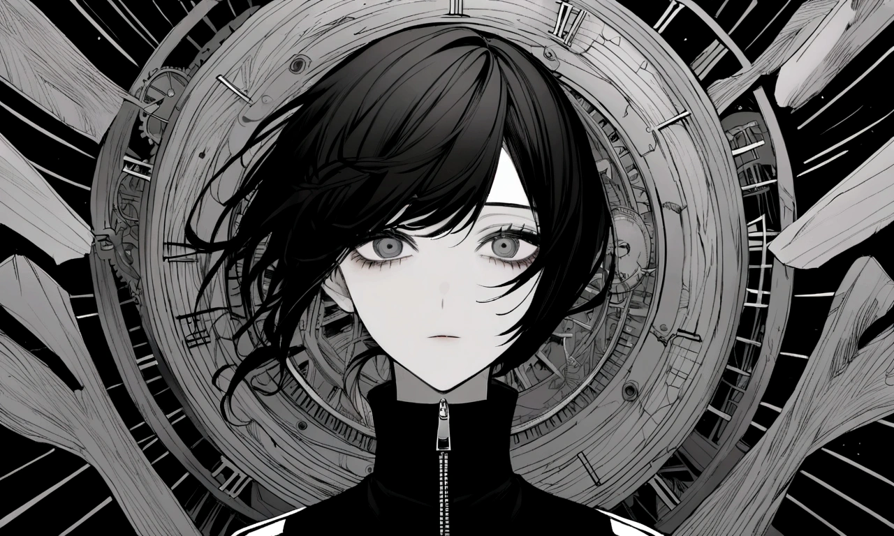 black and white drawing, Clockwork background that looks like a giant woman, A giant clockwork collapsing., 26 year old male 1, black neat hair, a lonely face, wearing gray tracksuit, the machine falls apart.