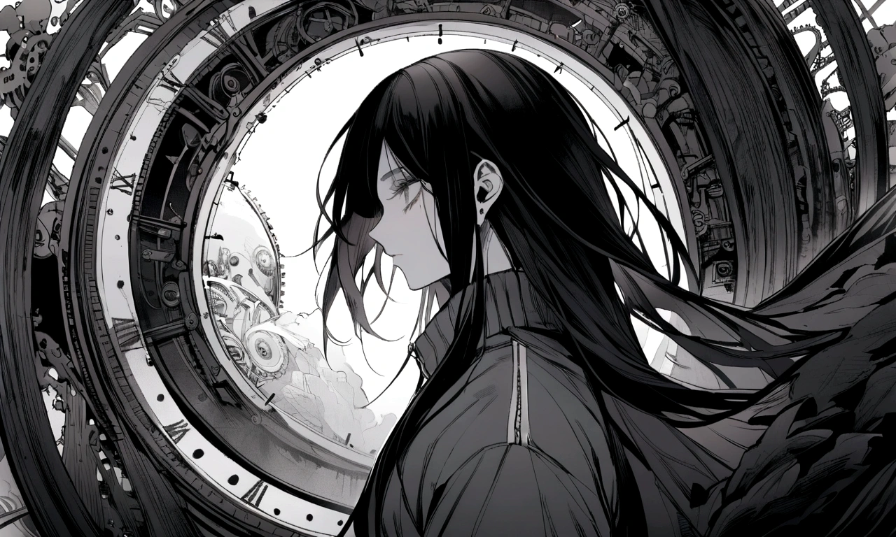 black and white drawing, Clockwork background that looks like a giant woman, A giant clockwork collapsing., 26 year old male 1, black neat hair, a lonely face, wearing gray tracksuit, the machine falls apart.