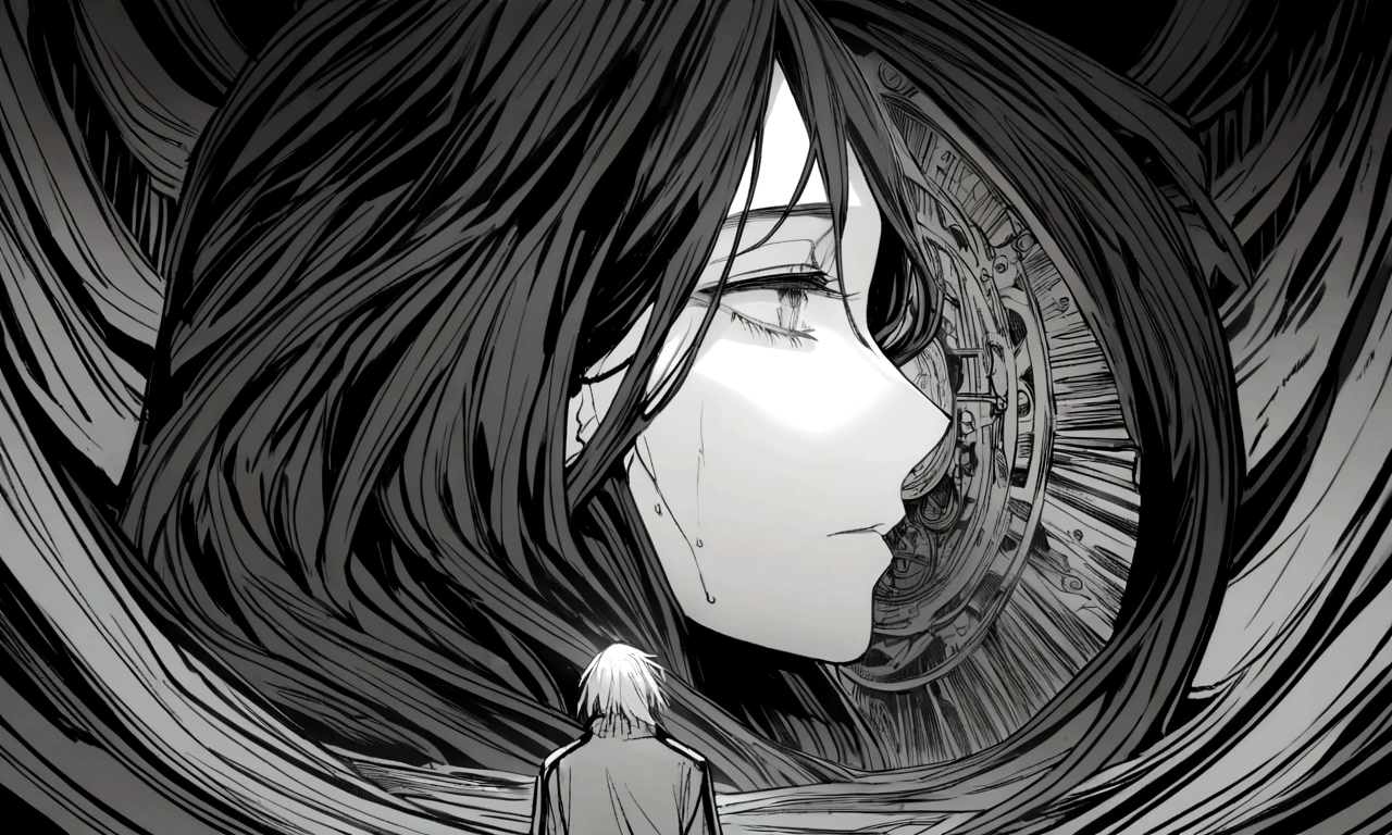 black and white drawing, Clockwork background that looks like a giant woman, A giant clockwork collapsing., 26 year old male 1, black neat hair, a lonely face, wearing gray tracksuit, the machine falls apart.