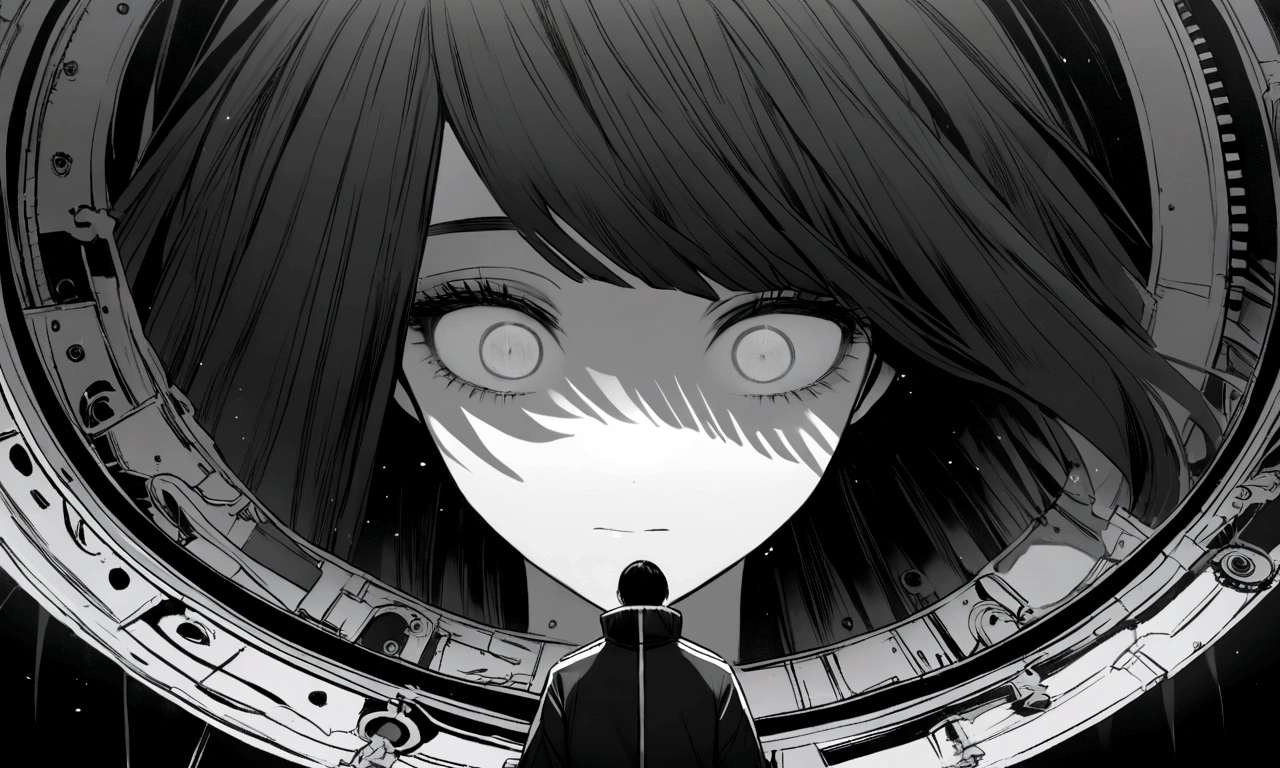 black and white drawing, Clockwork background that looks like a giant woman, A giant clockwork collapsing., 26 year old male 1, black neat hair, a lonely face, wearing gray tracksuit, the machine falls apart.