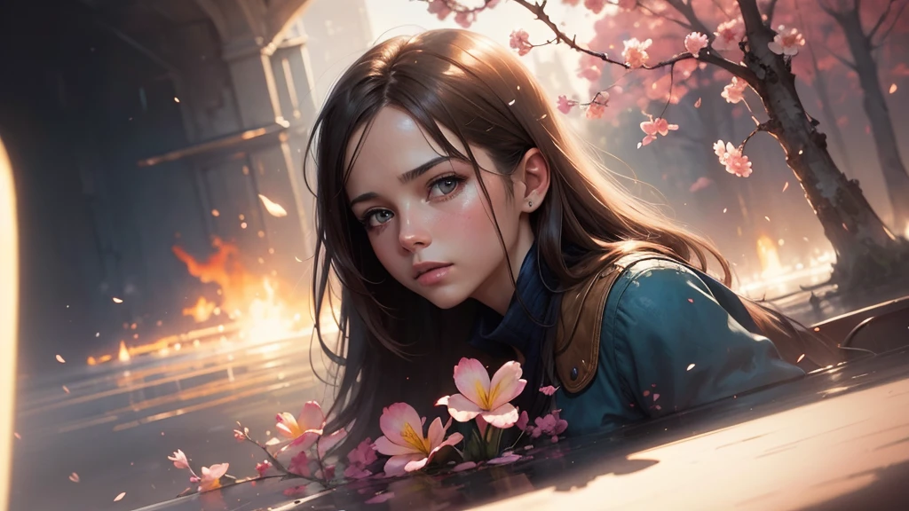 32k, Masterpiece, Highest quality, One girl, Brown Hair, Detailed eyes, flower,Freesia, Pink and navy style,A dreamy, romantic piece,Pale yellow, Mysterious Leaves,A playful arrangement,Fantasy,High Contrast,Ink strokes,explosion,Exposure, Impression of pink and navy tones,Abstract,((Watercolours by John Berkey and Jeremy Mann )) Brush strokes,Negative Space, Tyndall effect,