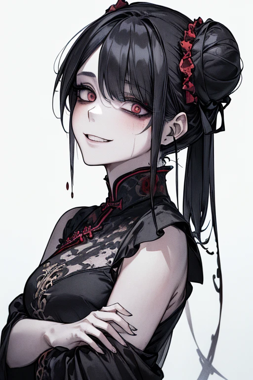 (Masterpiece: 1. 2, top quality), (real photo, intricate details), (1 woman, upper body, eyes wide open, scary mood, warped expression, twisted smile, blood from head, blood splatter, full body, Chinese dress, twin-tail in bun Black hair, (dark circles under eyes), pale, unwell, sickly, evil smile, crazy eyes, ( smile), dramatic makeup, mixed media art, white background