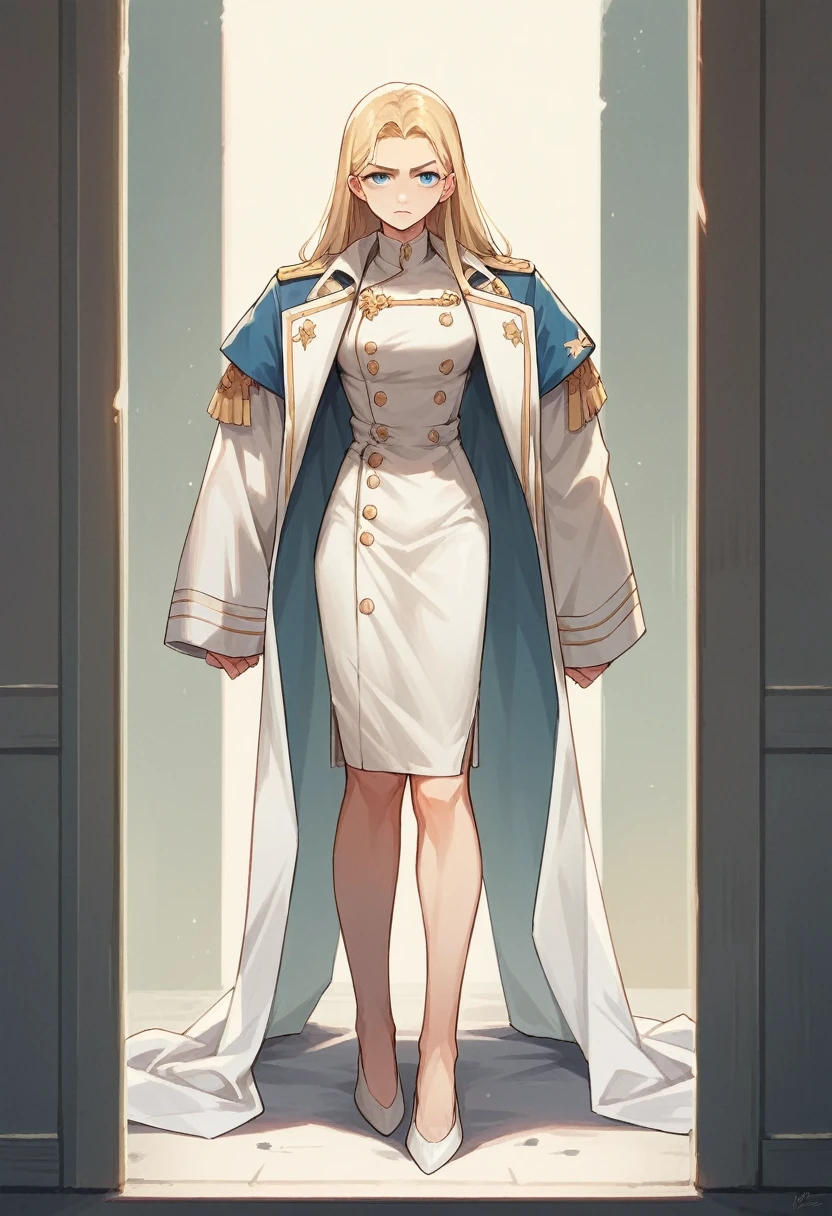 commander anime girl, white commander clothes, white skirt, 18 years old, blonde hair, blue eyes, a little shy, full body, took the stage to give a speech