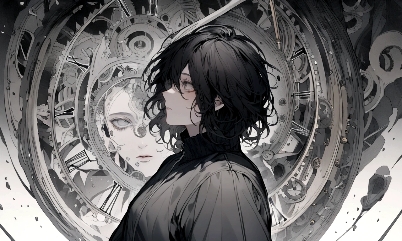 black and white drawing, Clockwork background that looks like a giant woman, A giant clockwork collapsing, 26 year old male 1, black neat hair, a lonely face, wearing gray tracksuit, the machine falls apart.