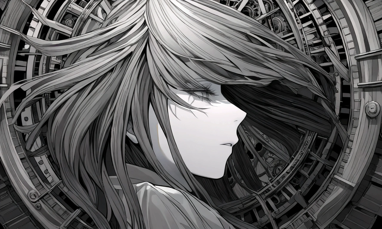 black and white drawing, Clockwork background that looks like a giant woman, A giant clockwork collapsing, 26 year old male 1, black neat hair, a lonely face, wearing gray tracksuit, the machine falls apart.