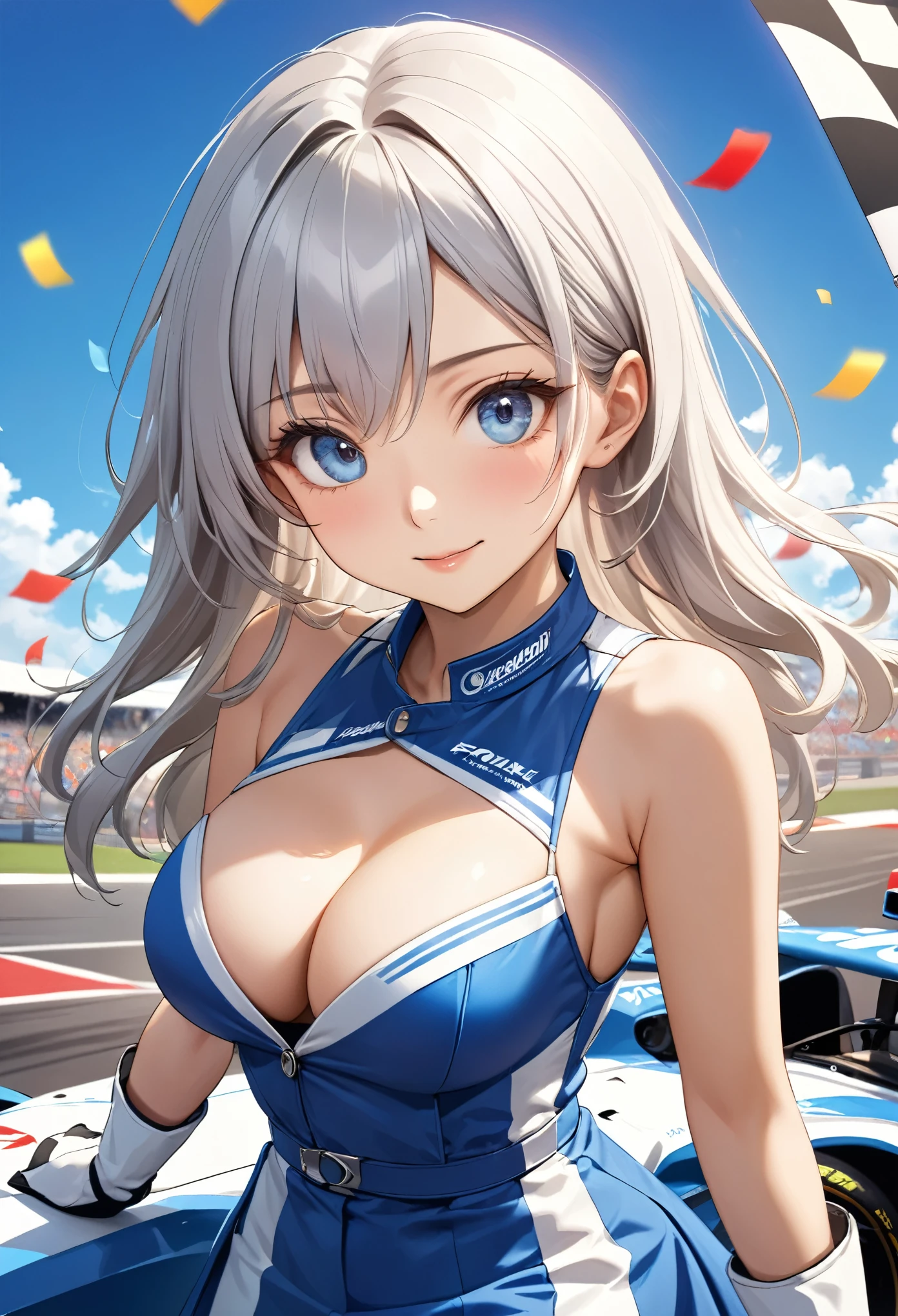 Highest quality, Super quality, 16K, Incredibly absurd, Very detailed, 2.5D, delicate and dynamic, blue sky, Confetti, Racing Car, Checkered Flag, Small face, Extremely delicate facial expression, Delicate eye depiction, Upper body close-up, sole sexy lady, healthy shaped body, 22 years old lady, Race Queen, 170cm tall, big firm bouncing busts, white silver long hair, sexy long legs, 派手なRace Queenのコスチューム, blue long skirt, white leather long boots, Formula 1, Auto Racing Track