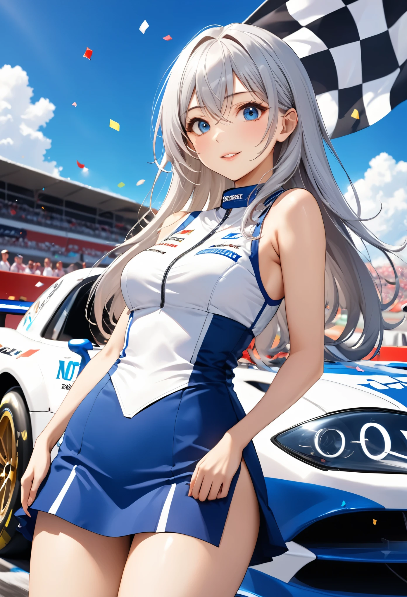 Highest quality, Super quality, 16K, Incredibly absurd, Very detailed, 2.5D, delicate and dynamic, blue sky, Confetti, Racing Car, Checkered Flag, Small face, Extremely delicate facial expression, Delicate eye depiction, Upper body close-up, sole sexy lady, healthy shaped body, 22 years old lady, Race Queen, 170cm tall, big firm bouncing busts, white silver long hair, sexy long legs, 派手なRace Queenのコスチューム, blue long skirt, white leather long boots, Formula 1, Auto Racing Track