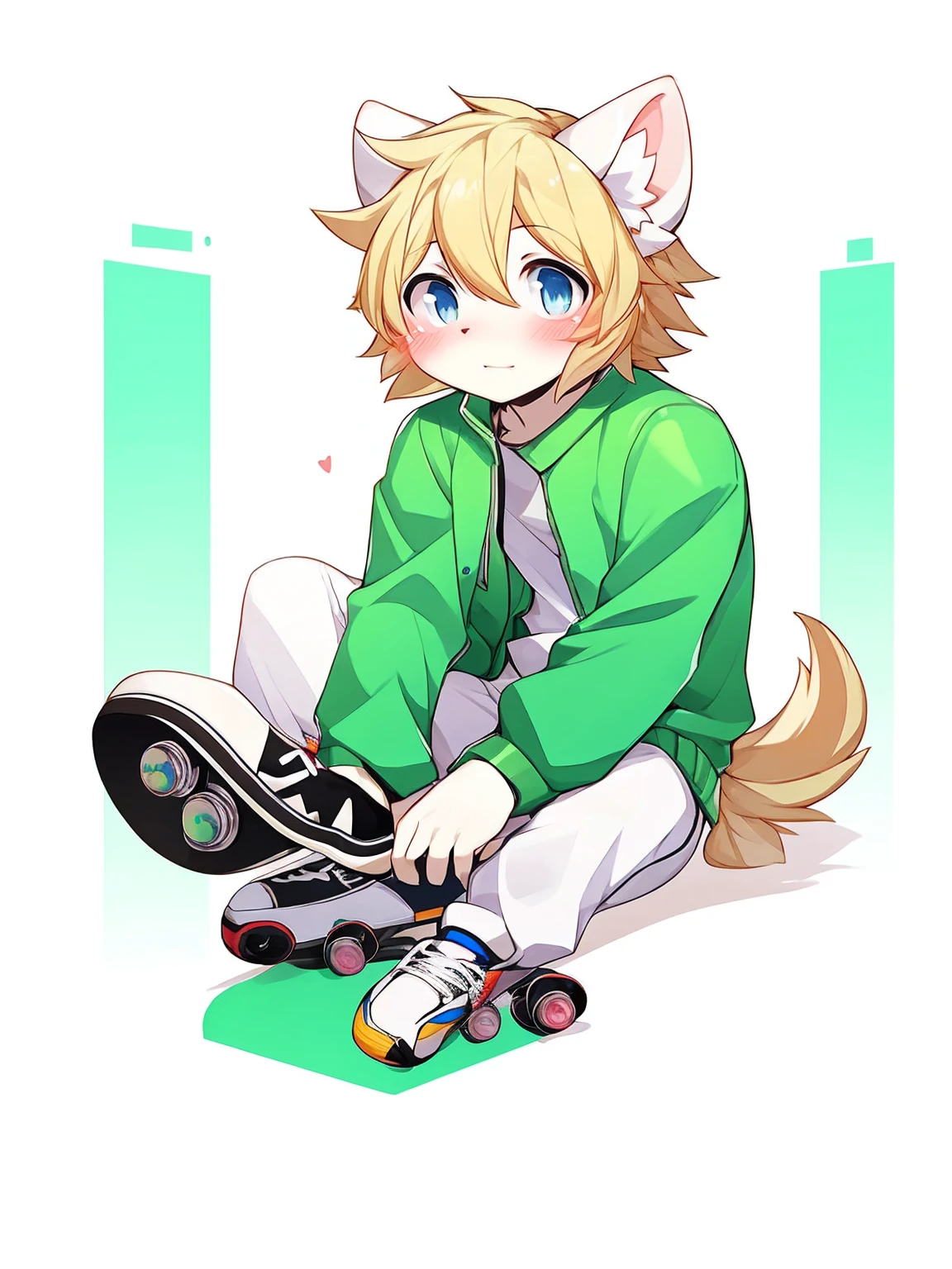 1 Boy, Solitary, White background, Watson, masterpiece, Very detailed, blue eyes, Blonde hair, short hair, Fluorescent green jacket, Rubber gloss agent, white rubber skinsuit, Skateboard Shoes, White pants, blush, Solid color background